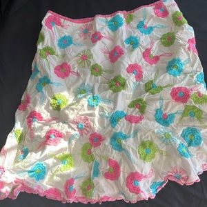 Nanette Lepore White embroiderd skirt with pink ruffles silk lining size 10